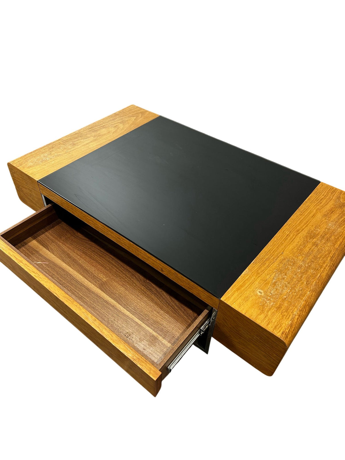 Large Black Glass Coffee Table Wood Finish Storage Chrome Frame (Pre-Loved)