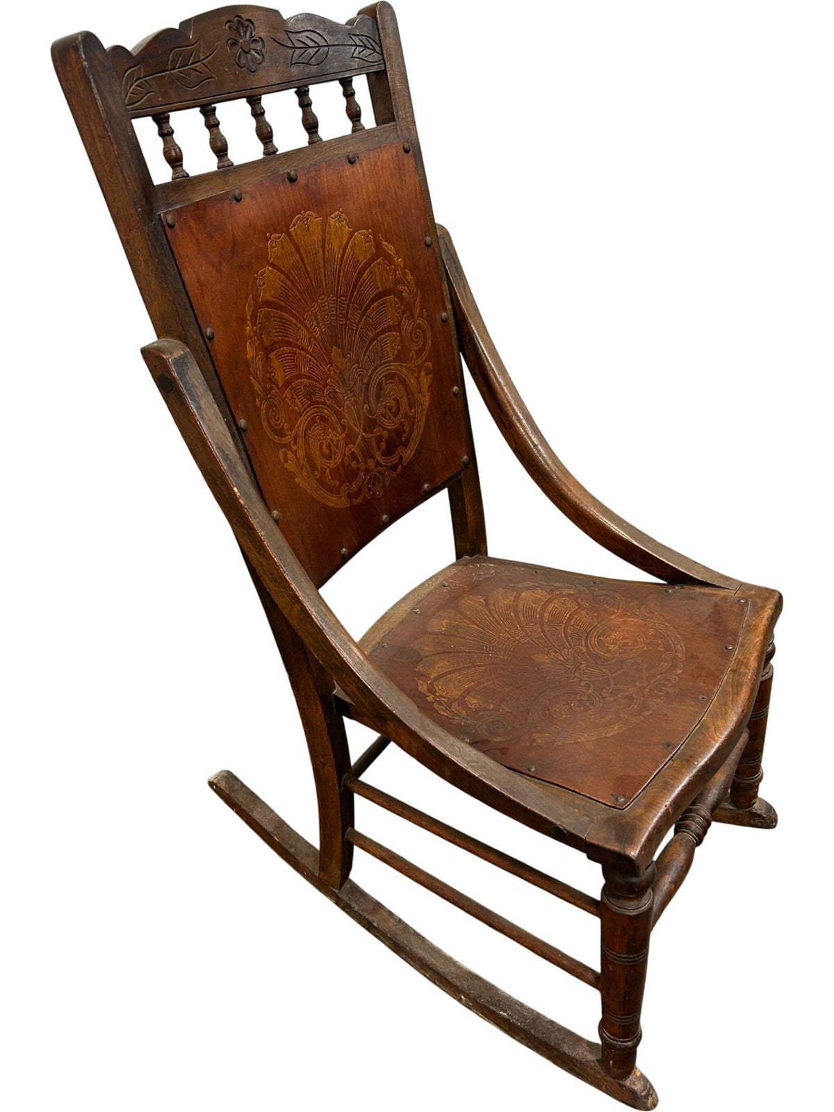 Carved Wooden Rocking Chair Floral Back Turned Legs Traditional (Pre-Loved)