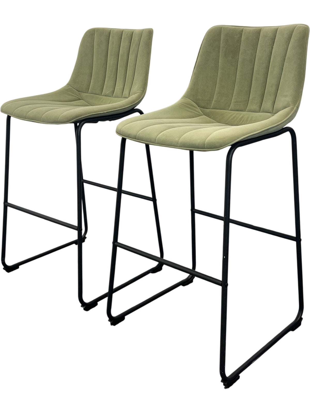 Pair Of Green Upholstered Bar Stools Black Metal Frame (Pre-Loved)
