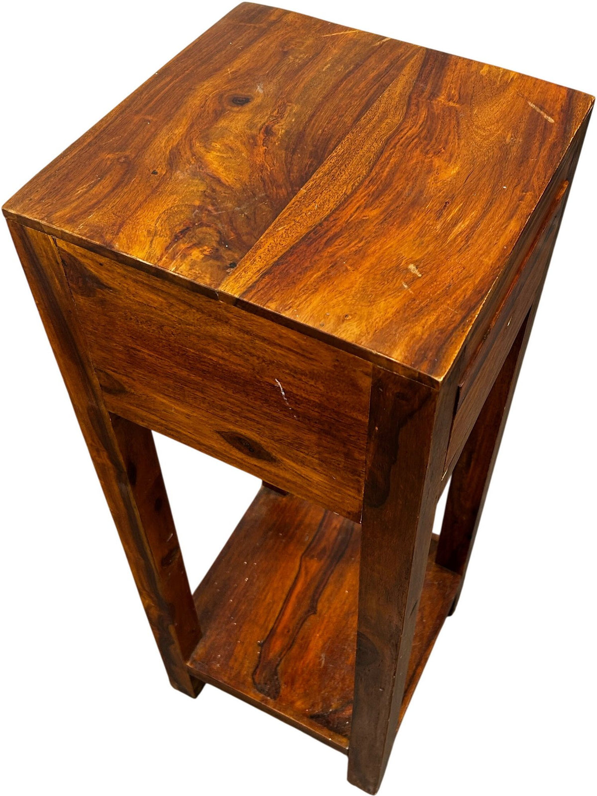 Tall Wooden Side Table 1 Drawer Lower Shelf Narrow Plant Stand (Pre-Loved)