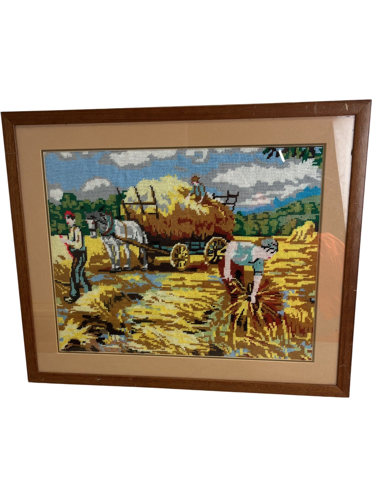 Vintage Framed Needlepoint Woven Harvest Scene Art (Pre-Loved)