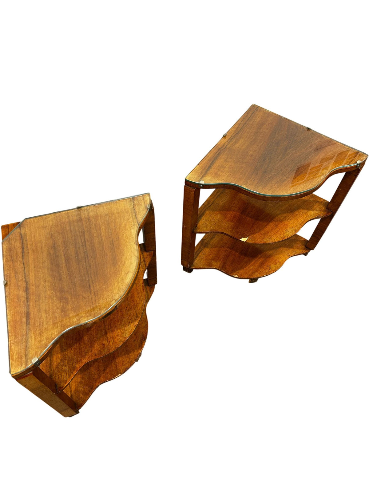 Pair of Wooden 3-Tier Corner Tables with Glass Tops (Pre-Loved)