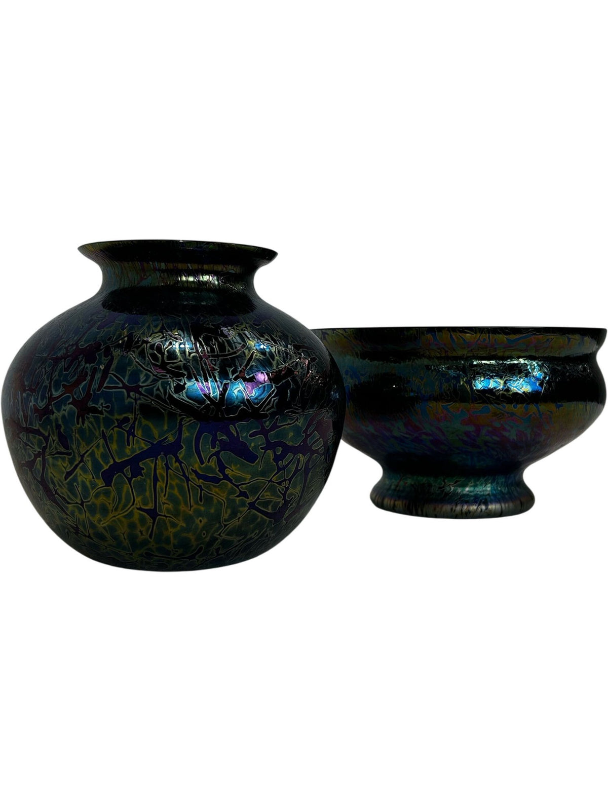 Iridescent Art Glass Vase & Footed Bowl Set Decorative Glass (Pre-Loved)