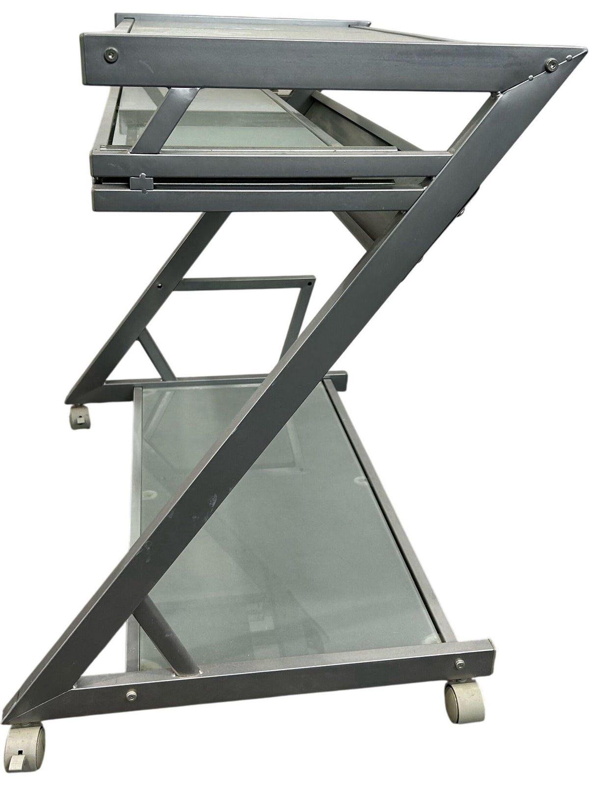 Glass Computer Desk with Keyboard Tray, Shelf & Wheels (Pre-Loved)