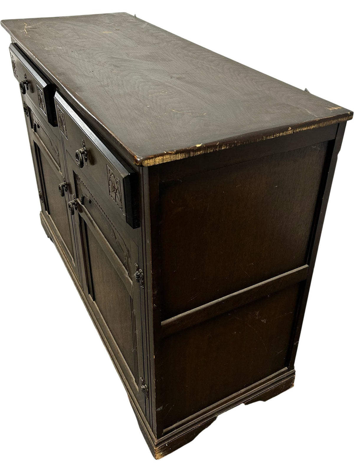 Dark Wood Sideboard with 2 Drawers 2 Door Cupboard Carved Detail (Pre-Loved)