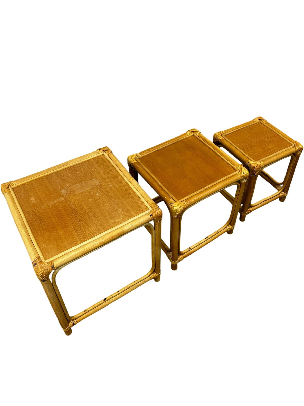 Rattan Nest of 3 Square Side Tables Natural Boho Wicker Style (Pre-Loved)