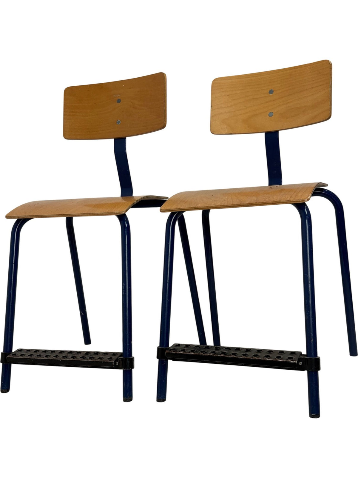 Vintage Wooden School Chairs with Blue Metal Legs (Pre-Loved)