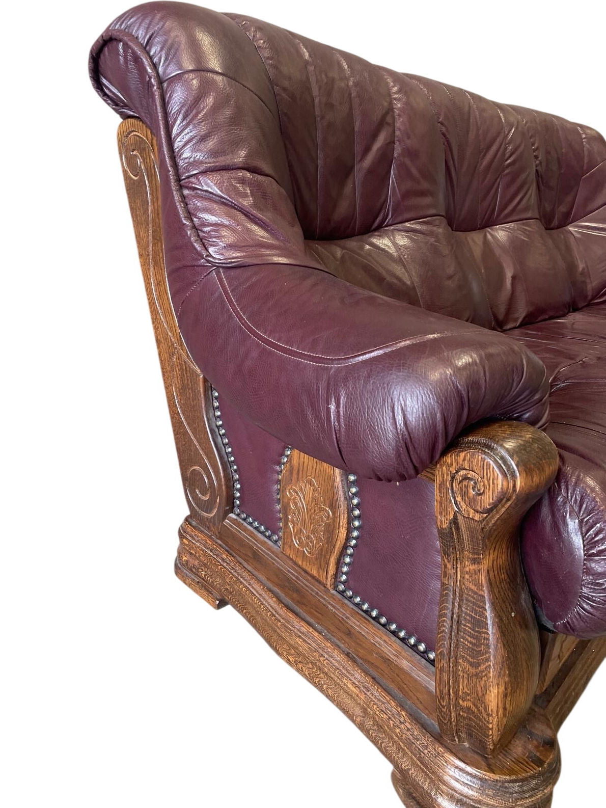 Vintage Purple Leather Sofa Solid Wood Base (Pre-Loved)