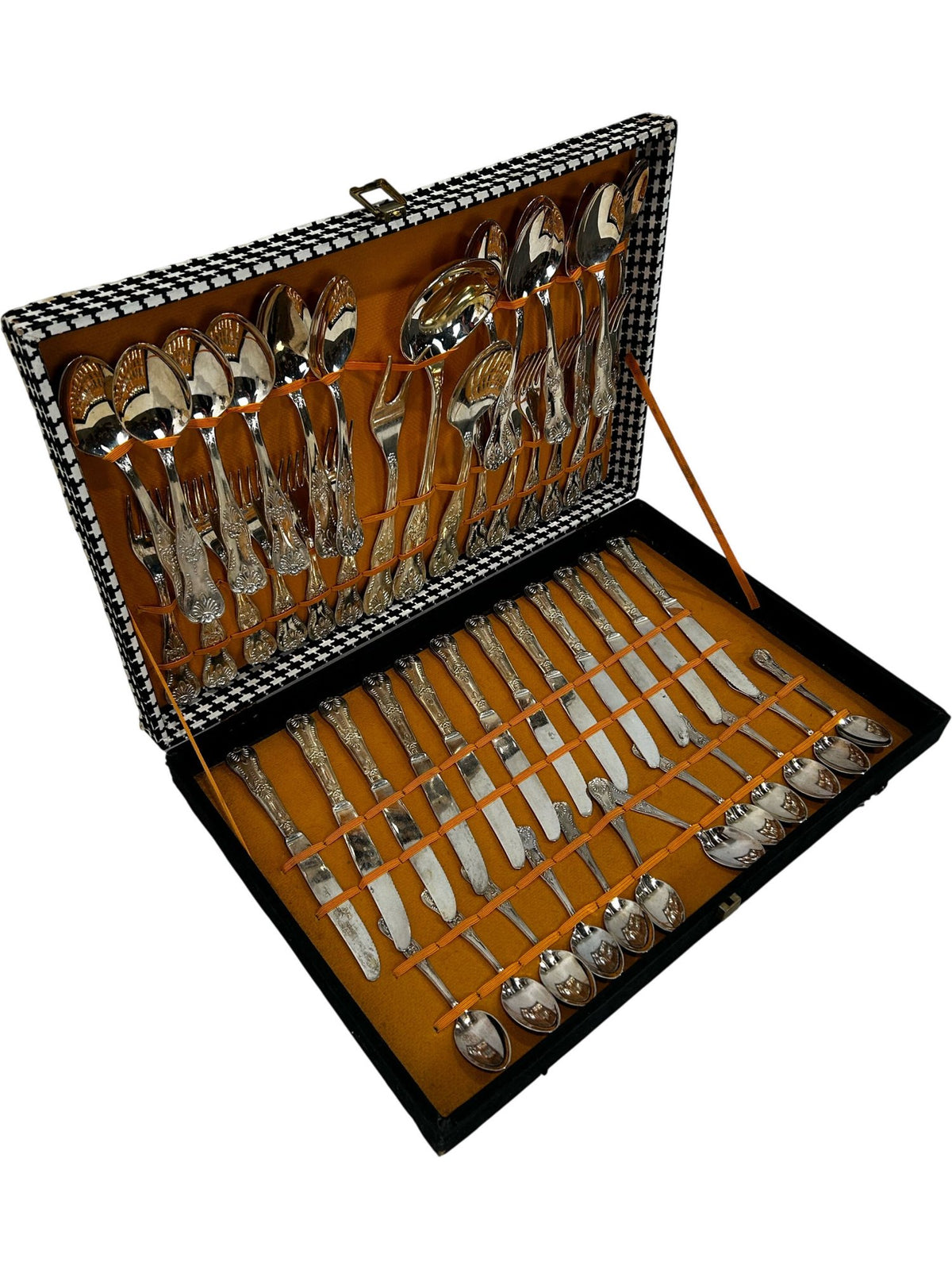 Vintage Ornate Cutlery Set in Houndstooth Canteen Case Silver Tone (Pre-Loved)