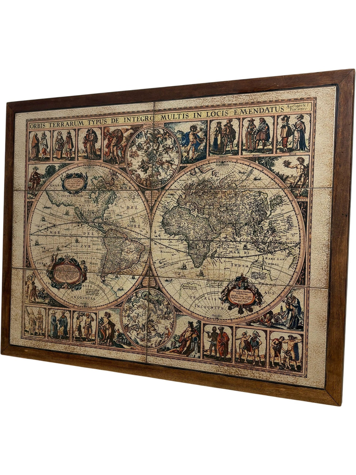 Vintage Stone World Map Print with Wooden Frame Antique (Pre-Loved)