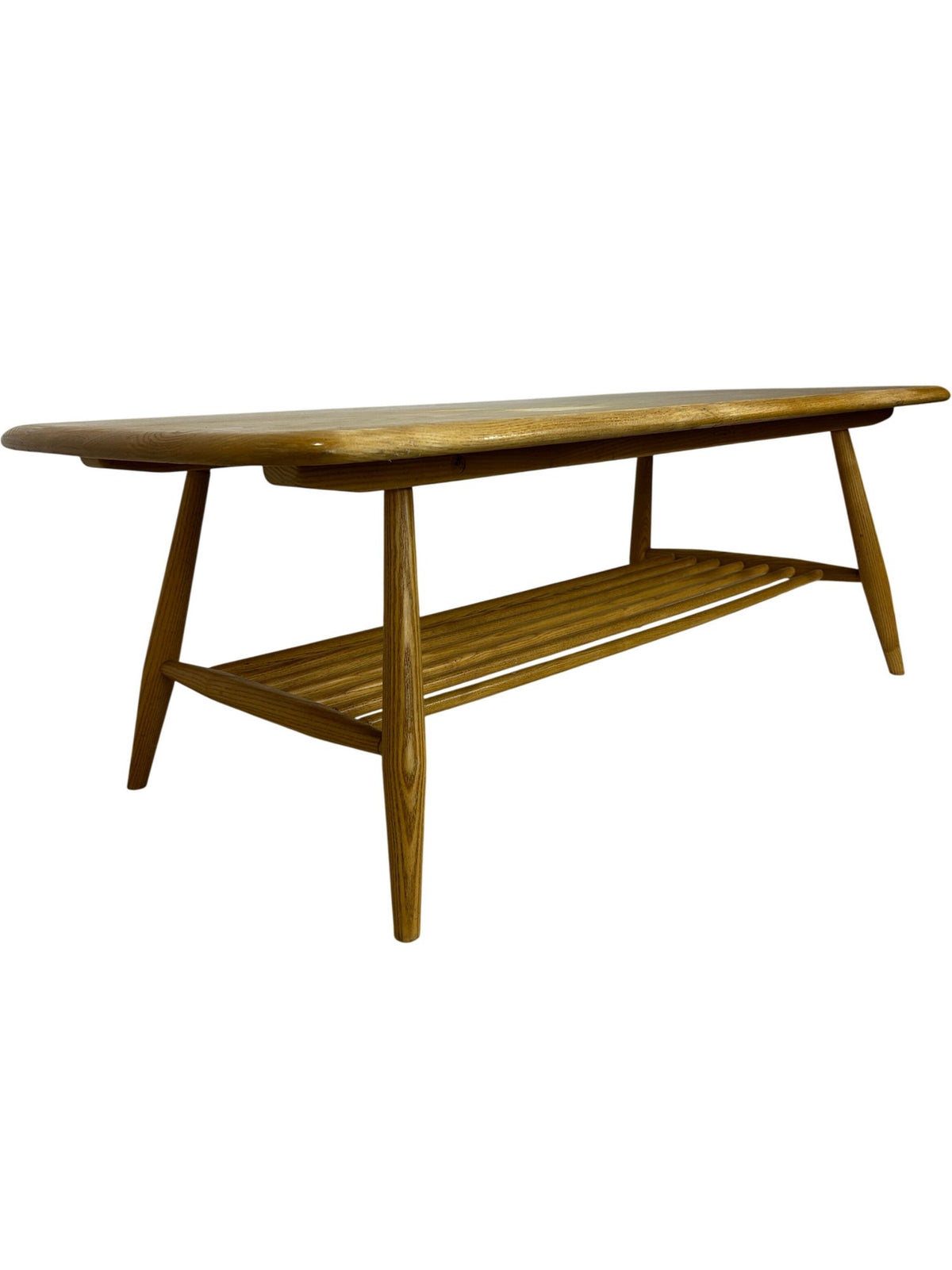 Mid Century Style Light Wood Coffee Table Slatted Shelf 104cm (Pre-Loved)