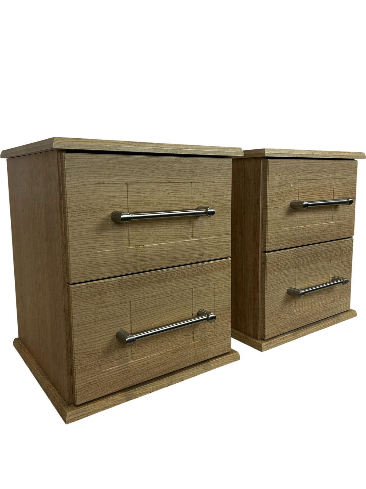 Pair of 2 Light Wood Effect Bedside Tables 2 Drawers Metal Handles (Pre-Loved)