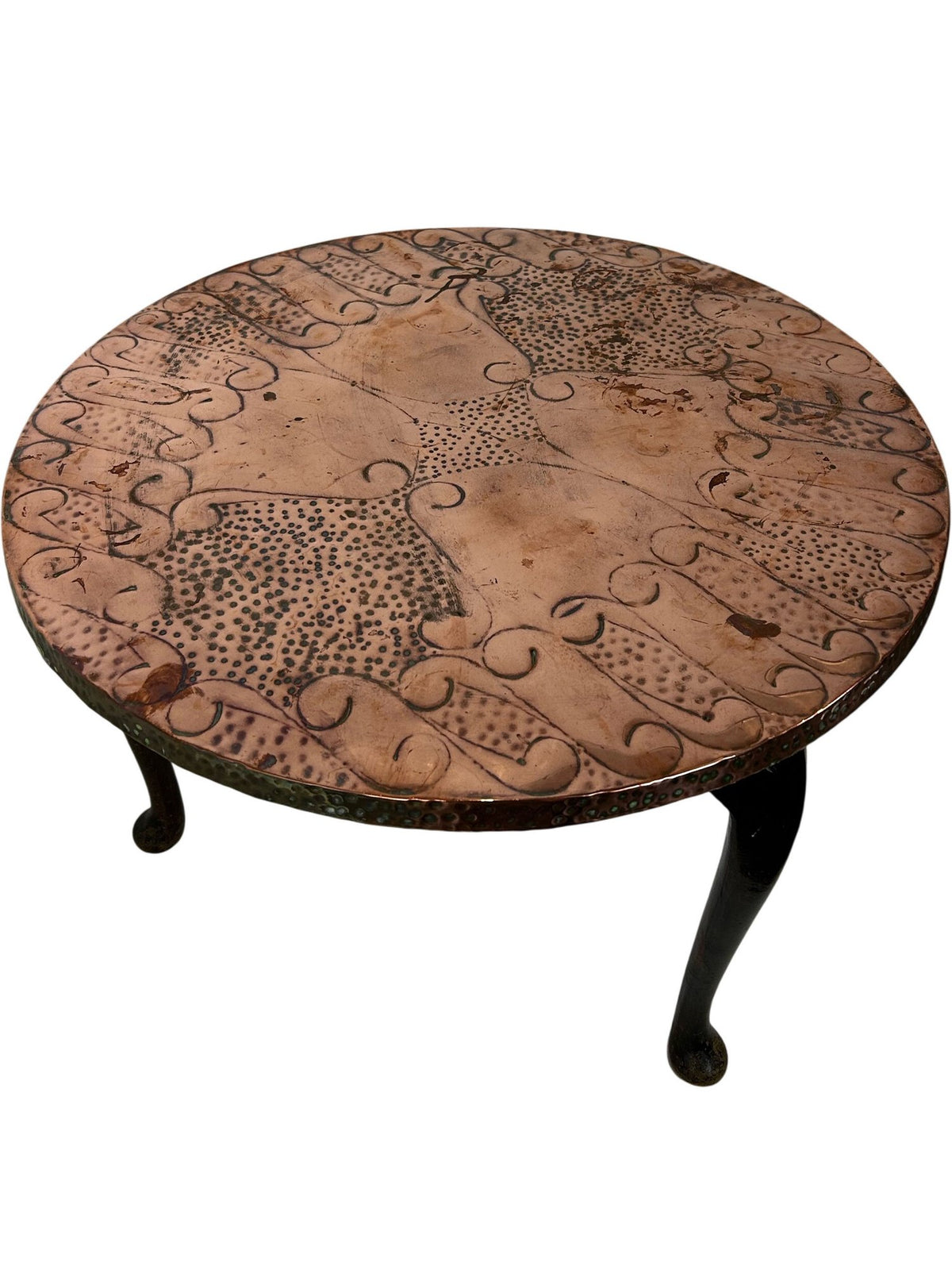 Vintage Round Etched Copper Coffee Table 3 Leg Metal Boho Rustic (Pre-Loved)