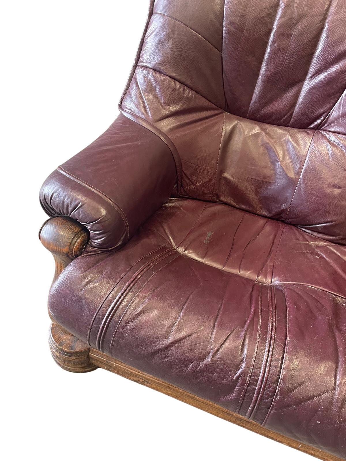 Vintage Purple Leather Sofa Solid Wood Base (Pre-Loved)