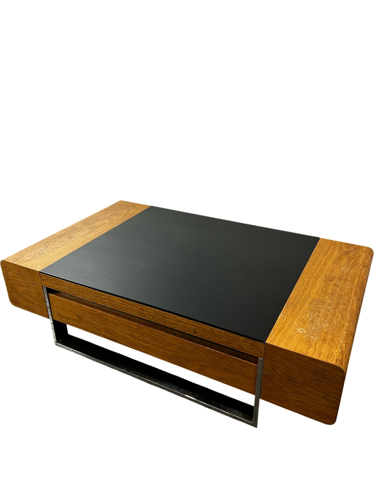 Large Black Glass Coffee Table Wood Finish Storage Chrome Frame (Pre-Loved)