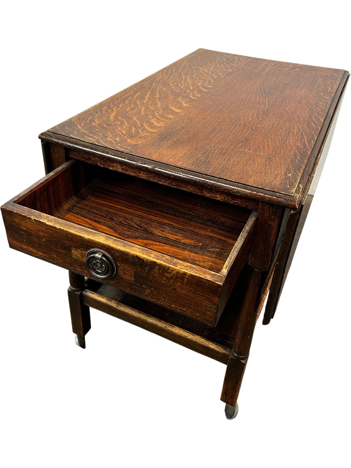 Vintage Drop Leaf Side Table with Drawer, Shelf & Castors (Pre-Loved)