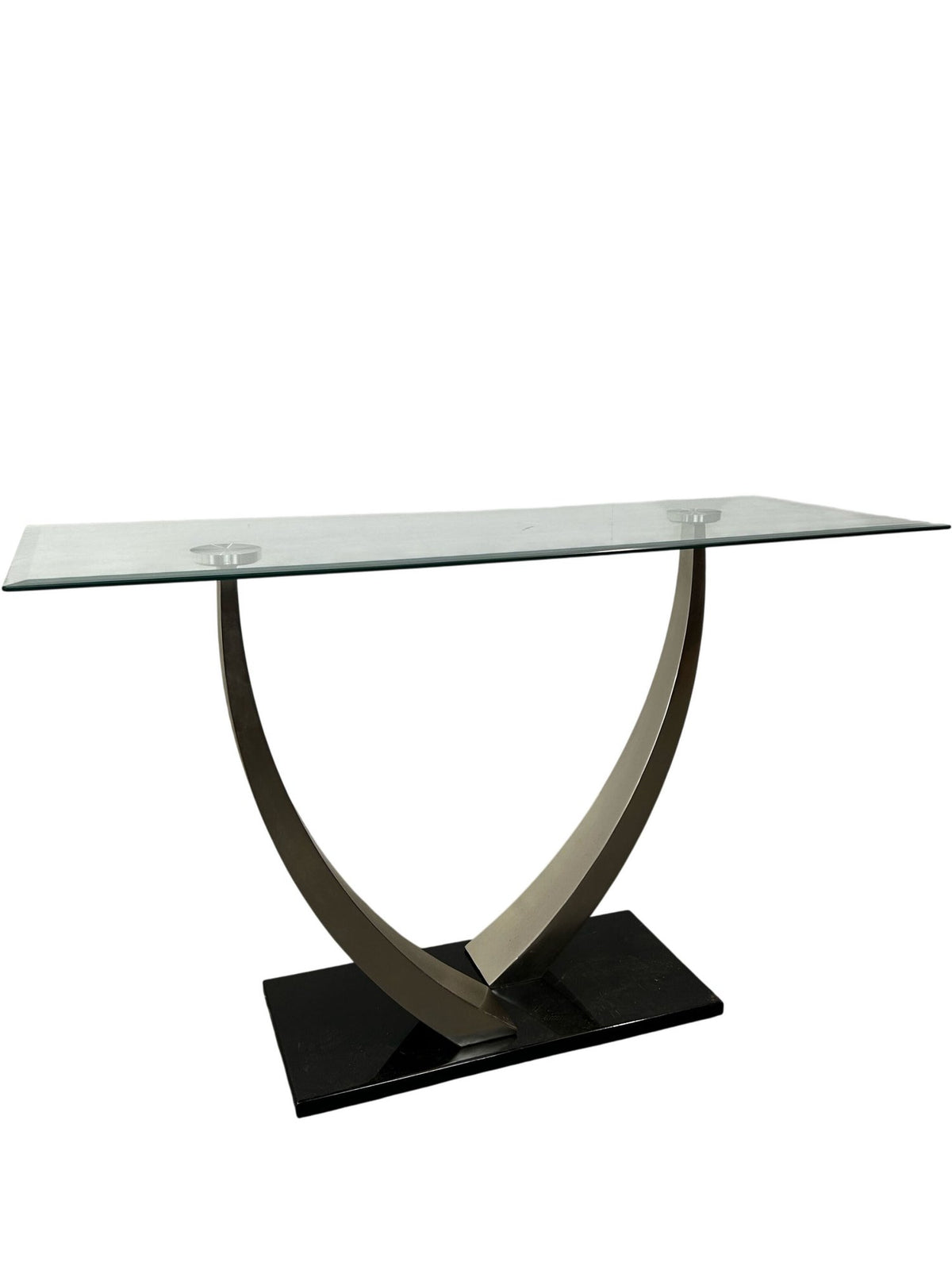Glass Coffee Table Curved Metal Base Black Plinth Modern Living Room (Pre-Loved)