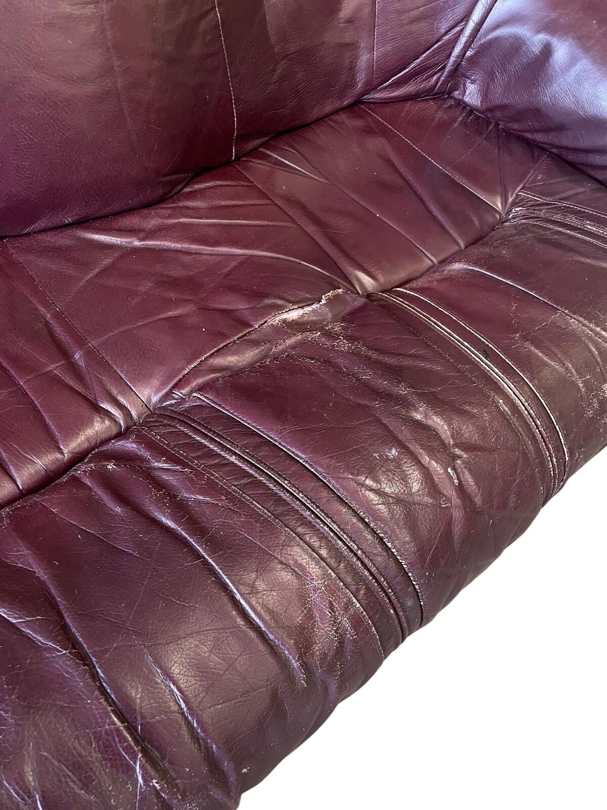 Vintage Purple Leather Sofa Solid Wood Base (Pre-Loved)