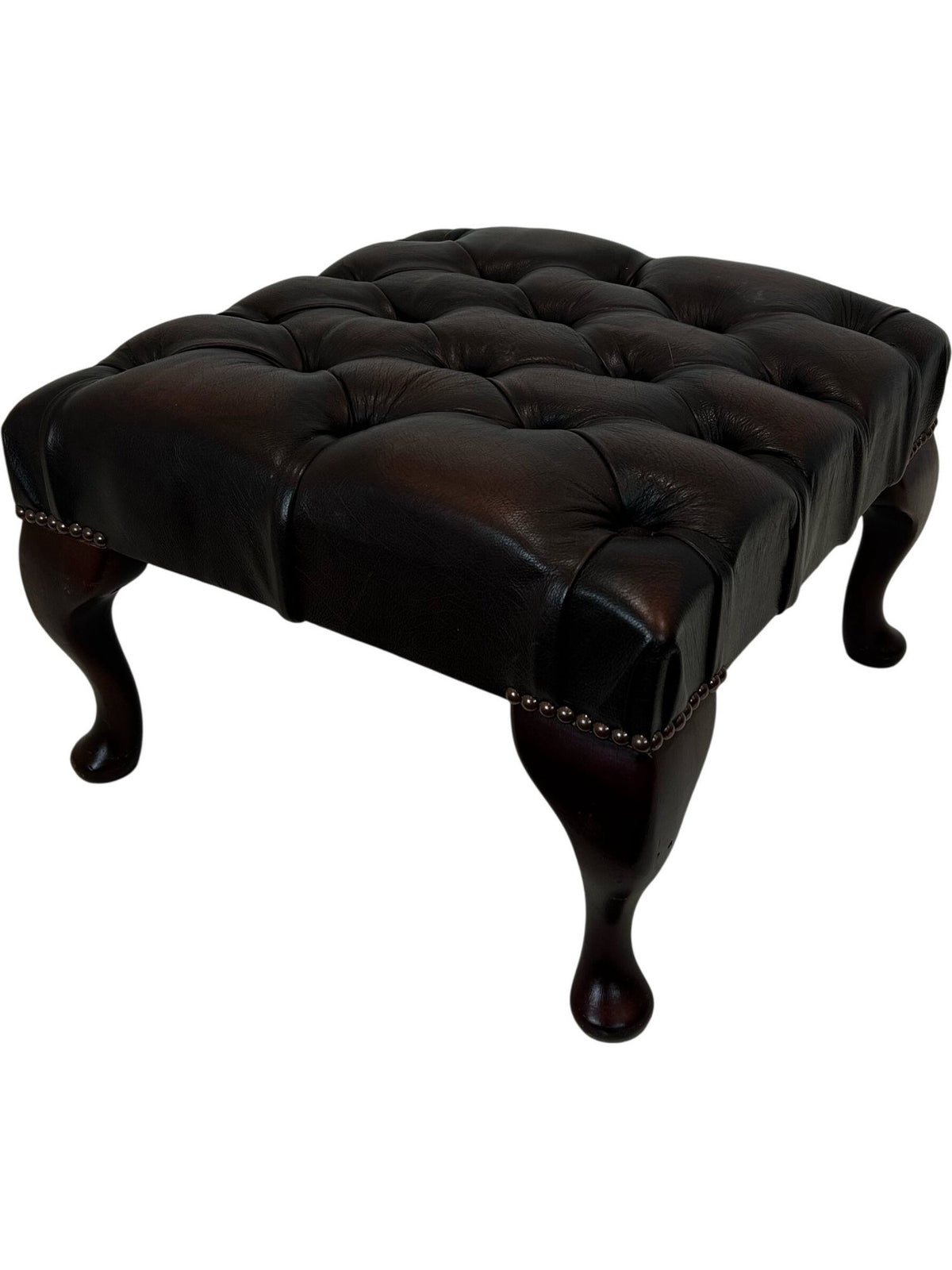 Dark Brown Tufted Footstool with Cabriole Legs (Pre-Loved)