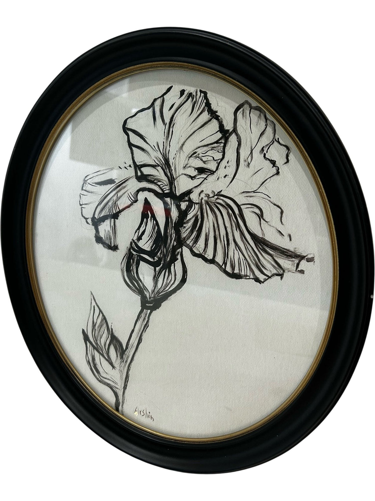 Oval Botanical Floral Framed Wall Art Black White Glass Decor (Pre-Loved)