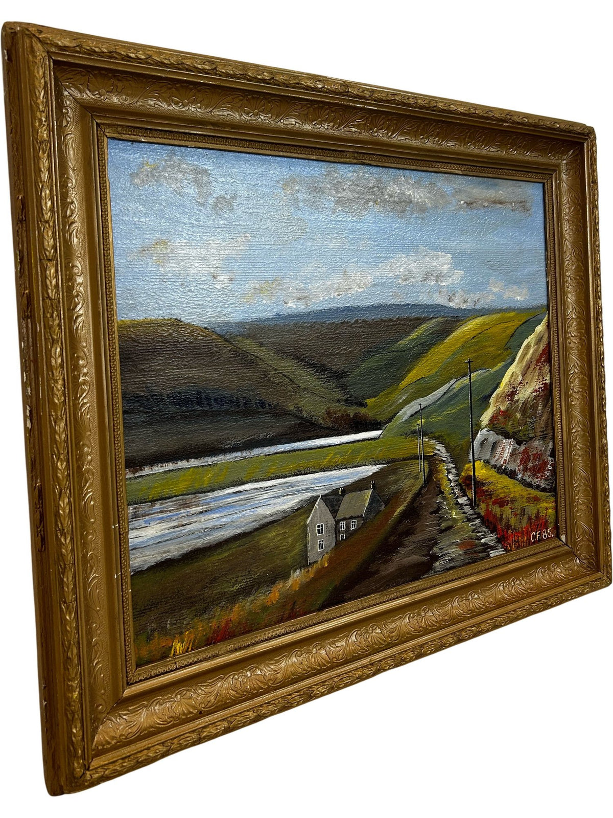 Signed 1985 Framed Landscape Countryside Painting Gold Frame (Pre-Loved)
