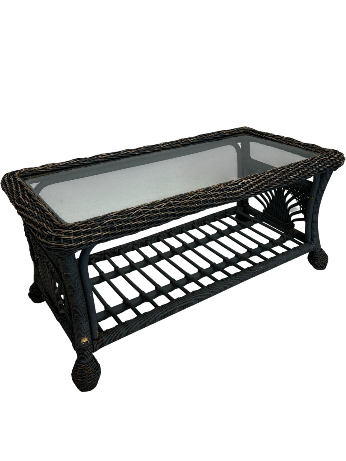 PE Rattan Garden Coffee Table Glass Top Lower Shelf Patio (Pre-Loved)