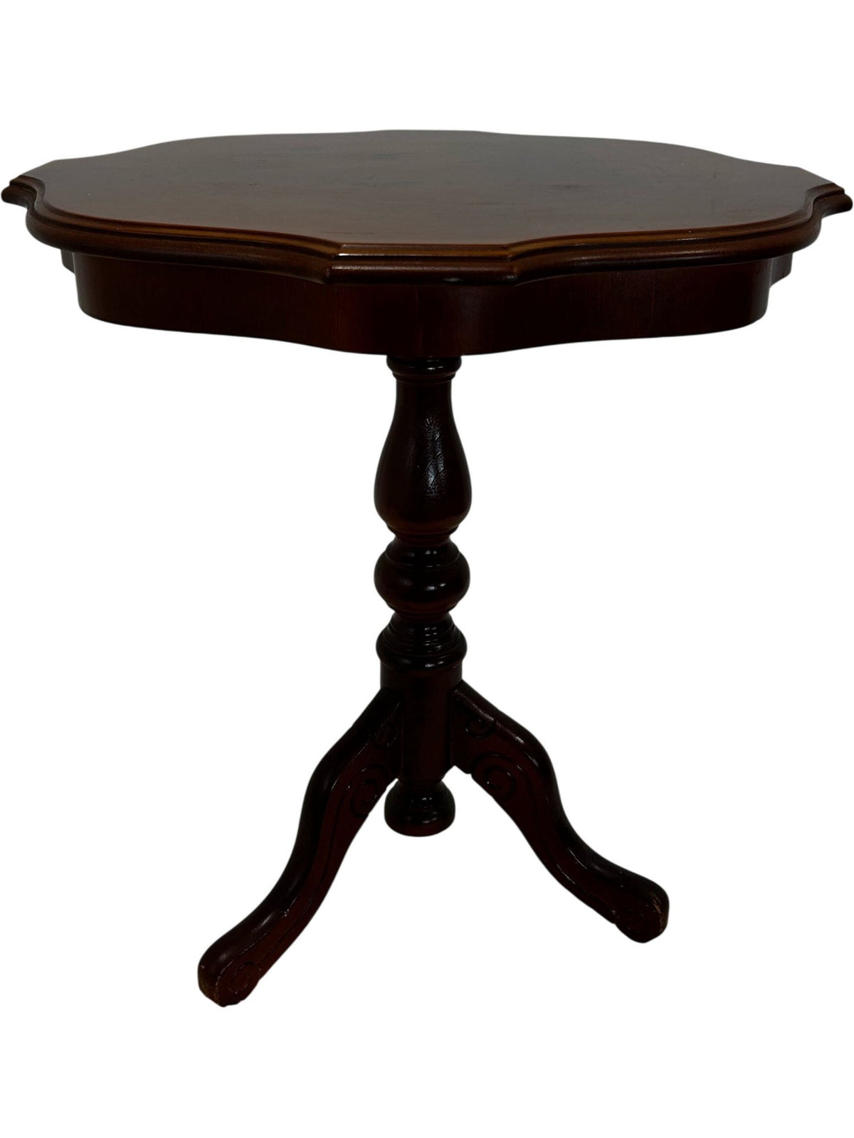 Vintage Wooden Pedestal Side Table Scalloped Top Tripod Base Brown (Pre-Loved)
