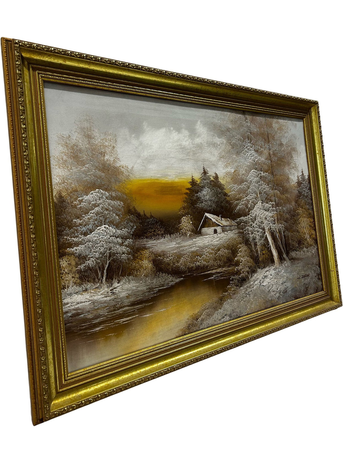 Signed W Zeller Landscape Painting Forest Cabin River Framed 86cm (Pre-Loved)