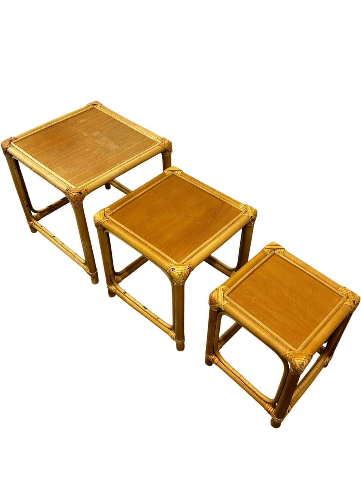 Rattan Nest of 3 Square Side Tables Natural Boho Wicker Style (Pre-Loved)