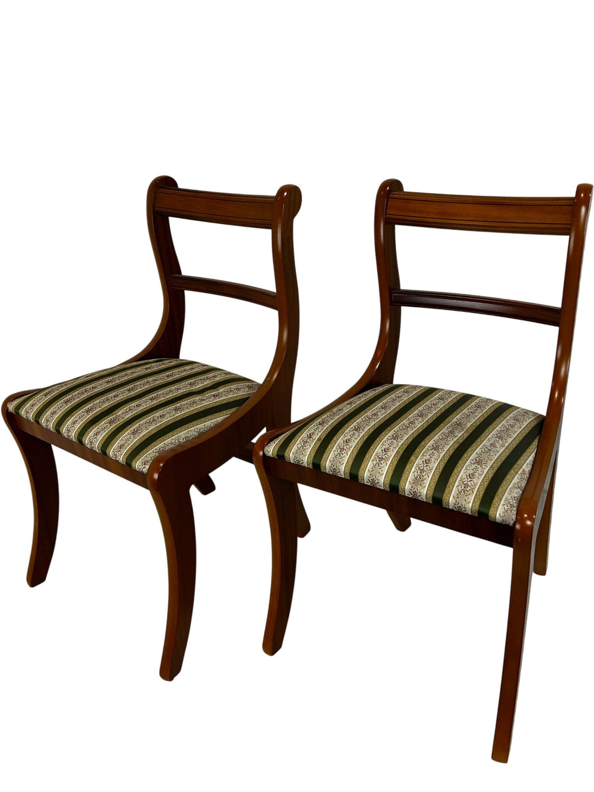 Pair Vintage Style Wooden Dining Chairs Striped Upholstered Seats (Pre-Loved)