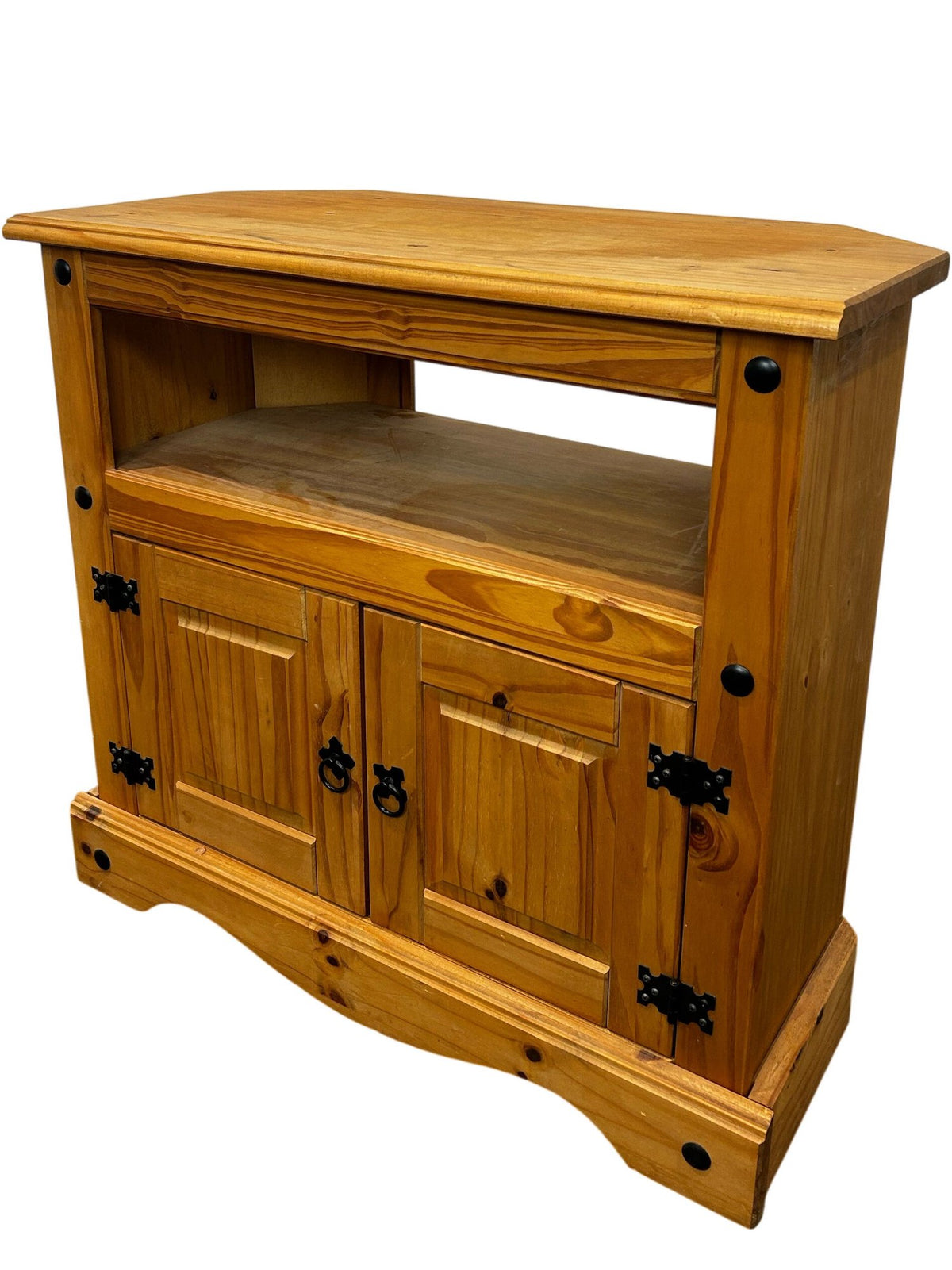 Rustic Pine Corner TV Stand with 2 Door Cupboard & Open Shelf (Pre-Loved)