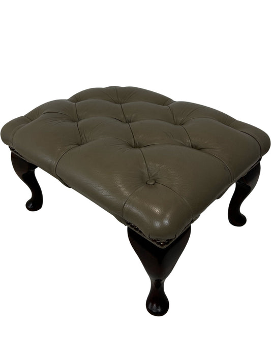 Vintage Tufted Footstool Ottoman Queen Anne Cabriole Legs Brown (Pre-Loved)