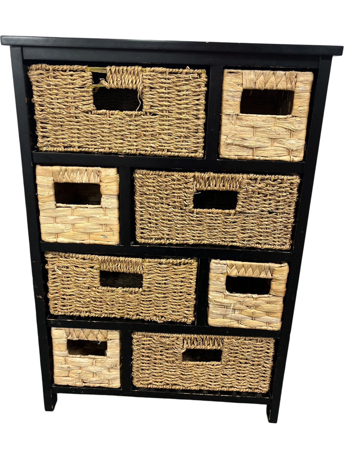 Rustic Basket Cabinet Black Wood Frame Woven Storage Drawers (Pre-Loved)