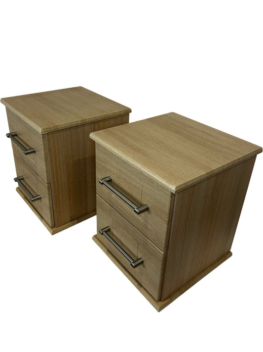 Pair of 2 Light Wood Effect Bedside Tables 2 Drawers Metal Handles (Pre-Loved)