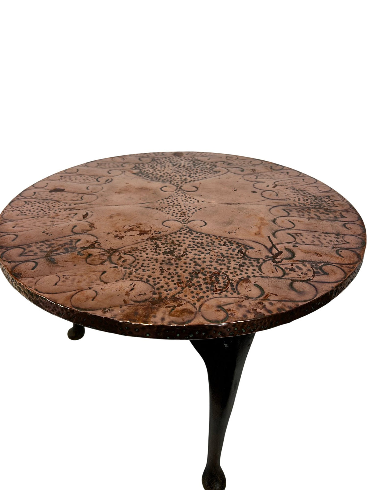 Vintage Round Etched Copper Coffee Table 3 Leg Metal Boho Rustic (Pre-Loved)