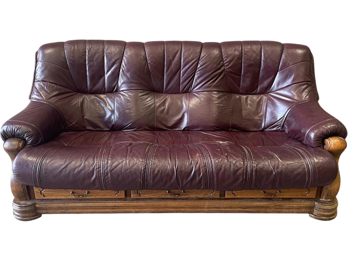 Vintage Purple Leather Sofa Solid Wood Base (Pre-Loved)