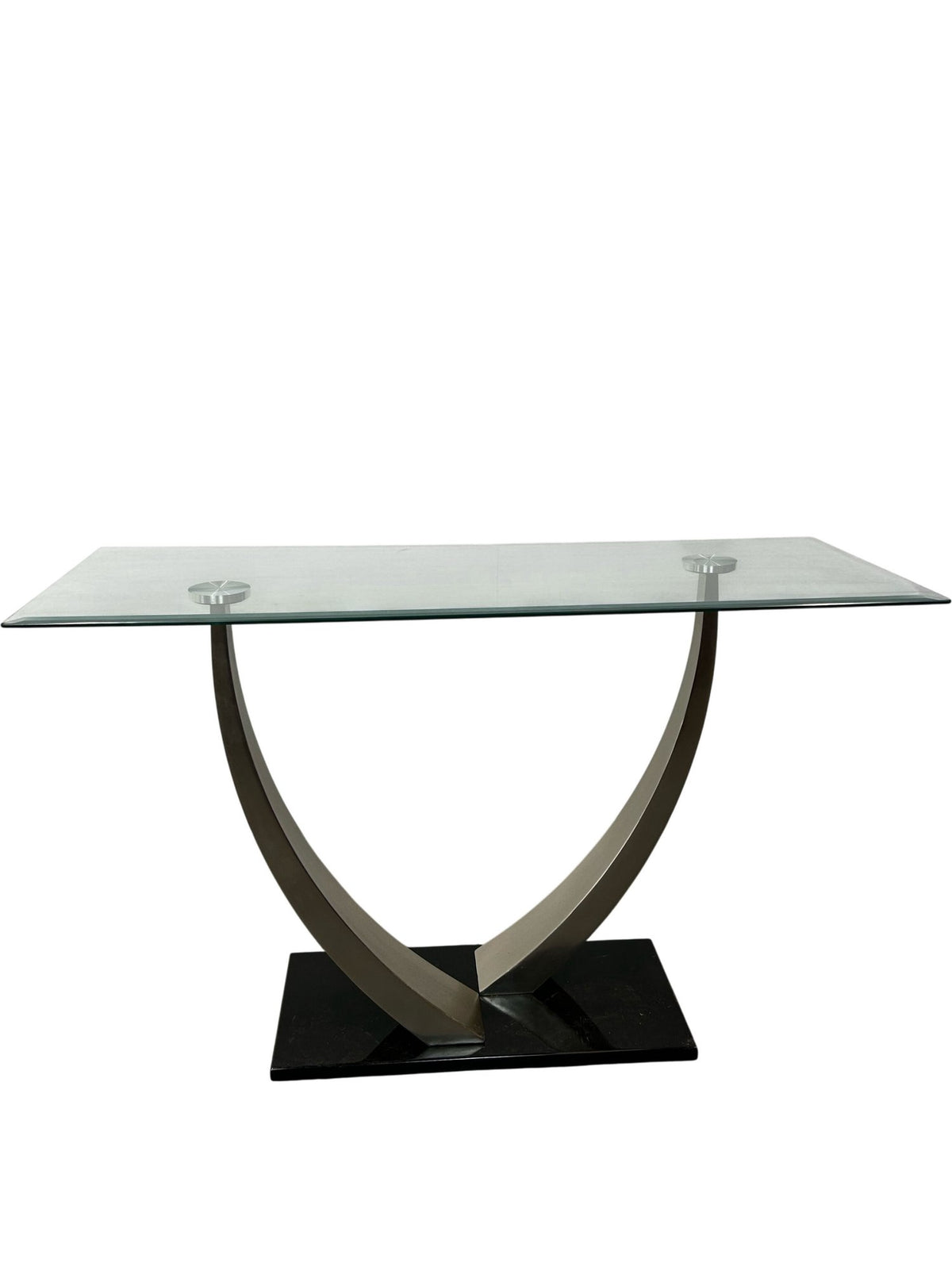 Glass Coffee Table Curved Metal Base Black Plinth Modern Living Room (Pre-Loved)
