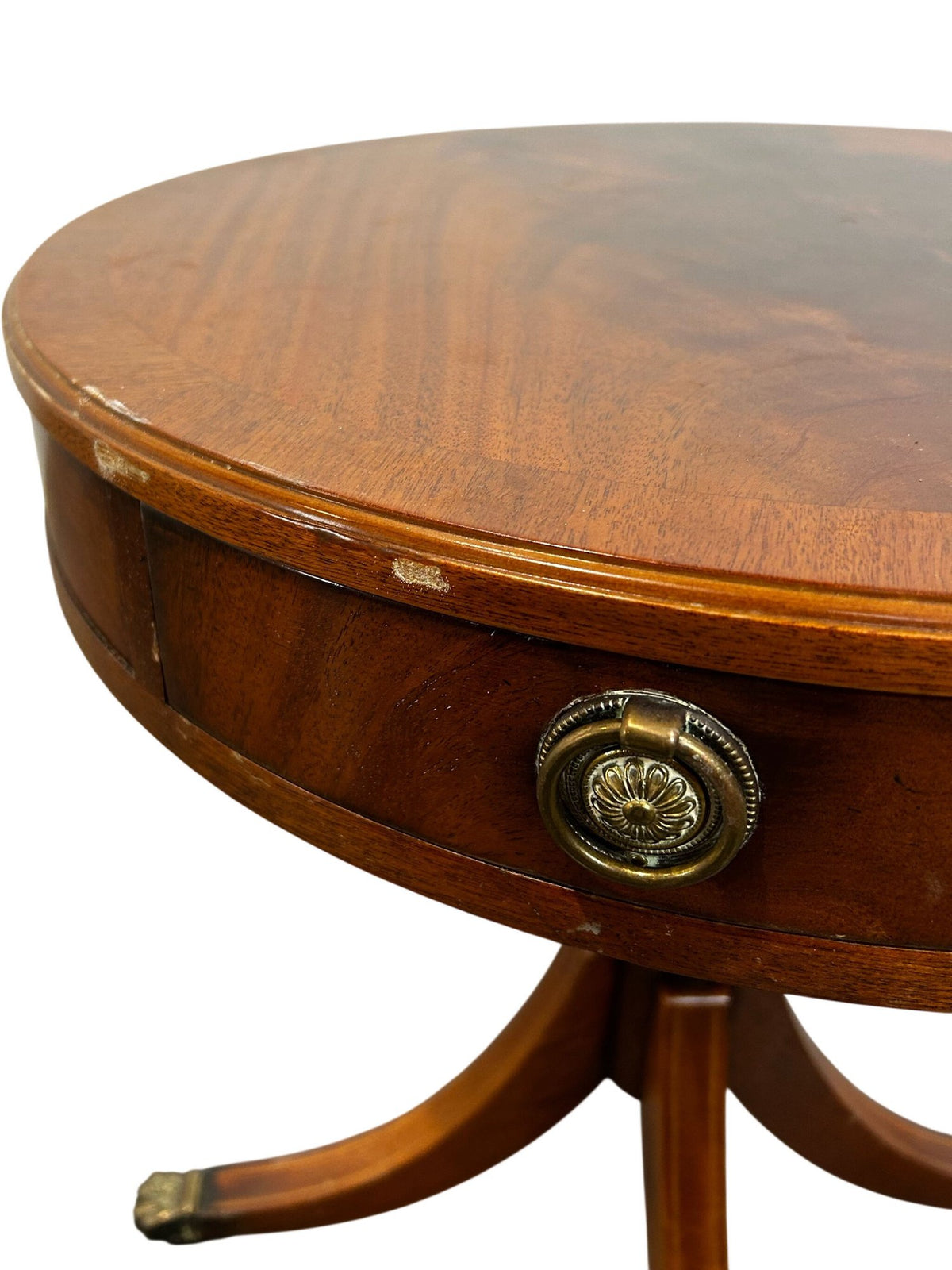 Round Wooden Pedestal Side Table with Drawers & Claw Feet (Pre-Loved)