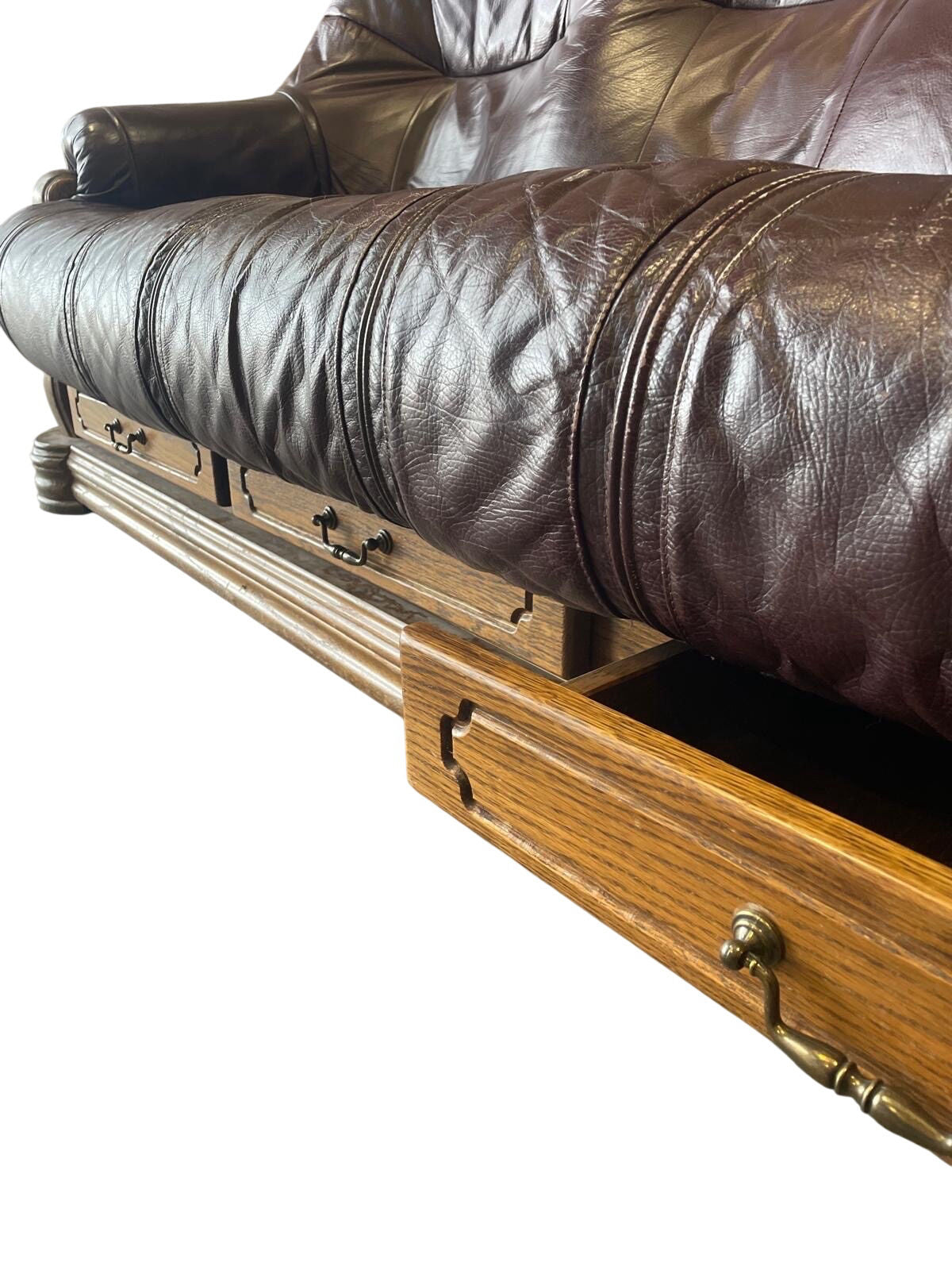 Vintage Purple Leather Sofa Solid Wood Base (Pre-Loved)