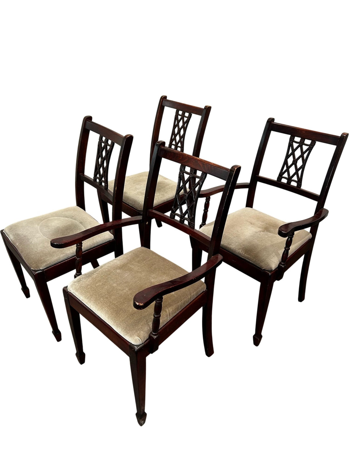 Set of 4Wooden Armchairs Upholstered Seats Lattice Back Antique Style(Pre-Loved)