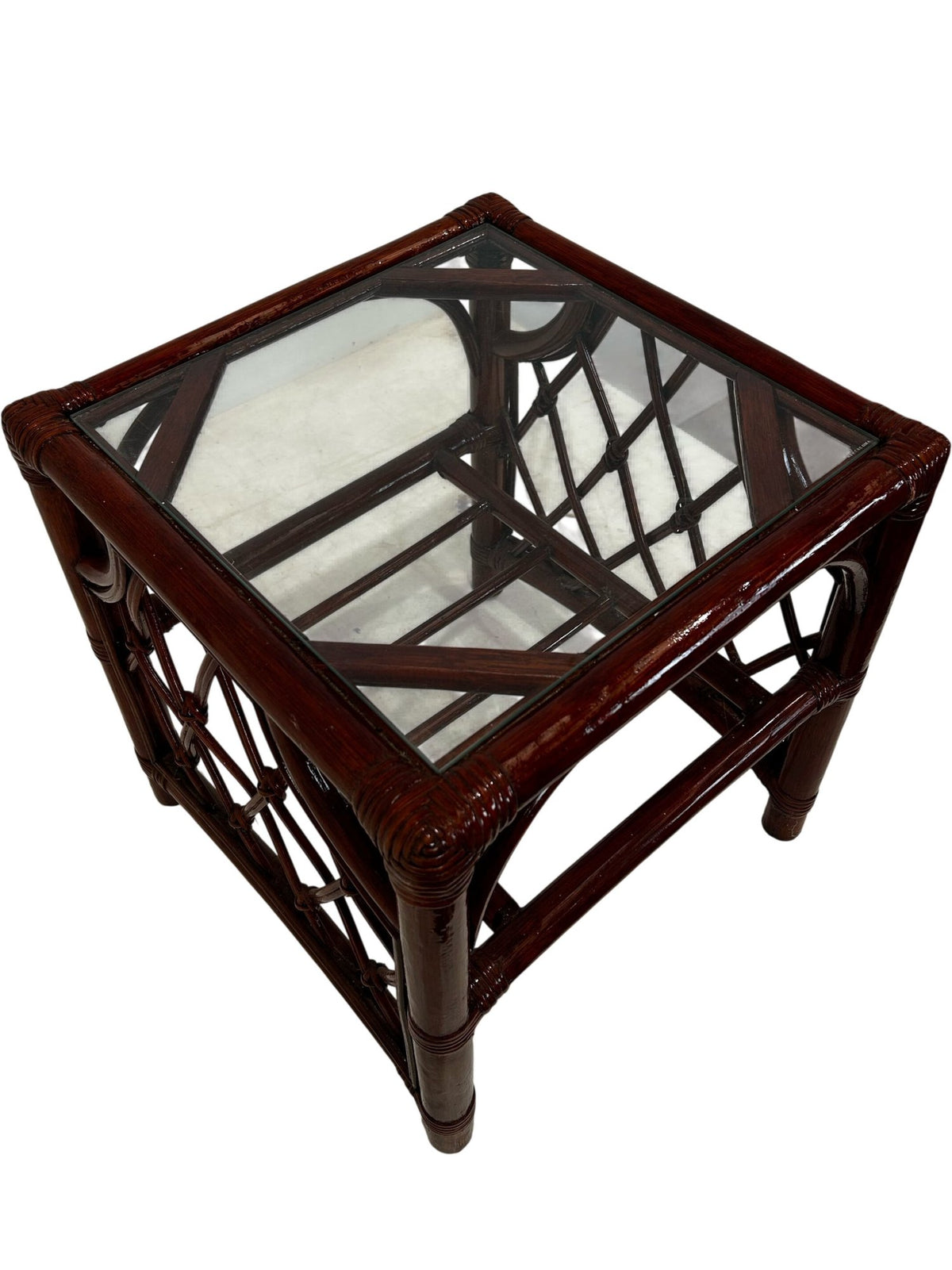 Rattan Wicker Glass Top Side Table with Lower Shelf (Pre-Loved)