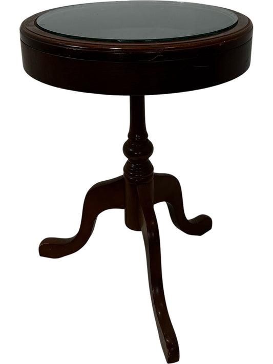 Wooden Round Accent Table with Glass Top (Pre-Loved)