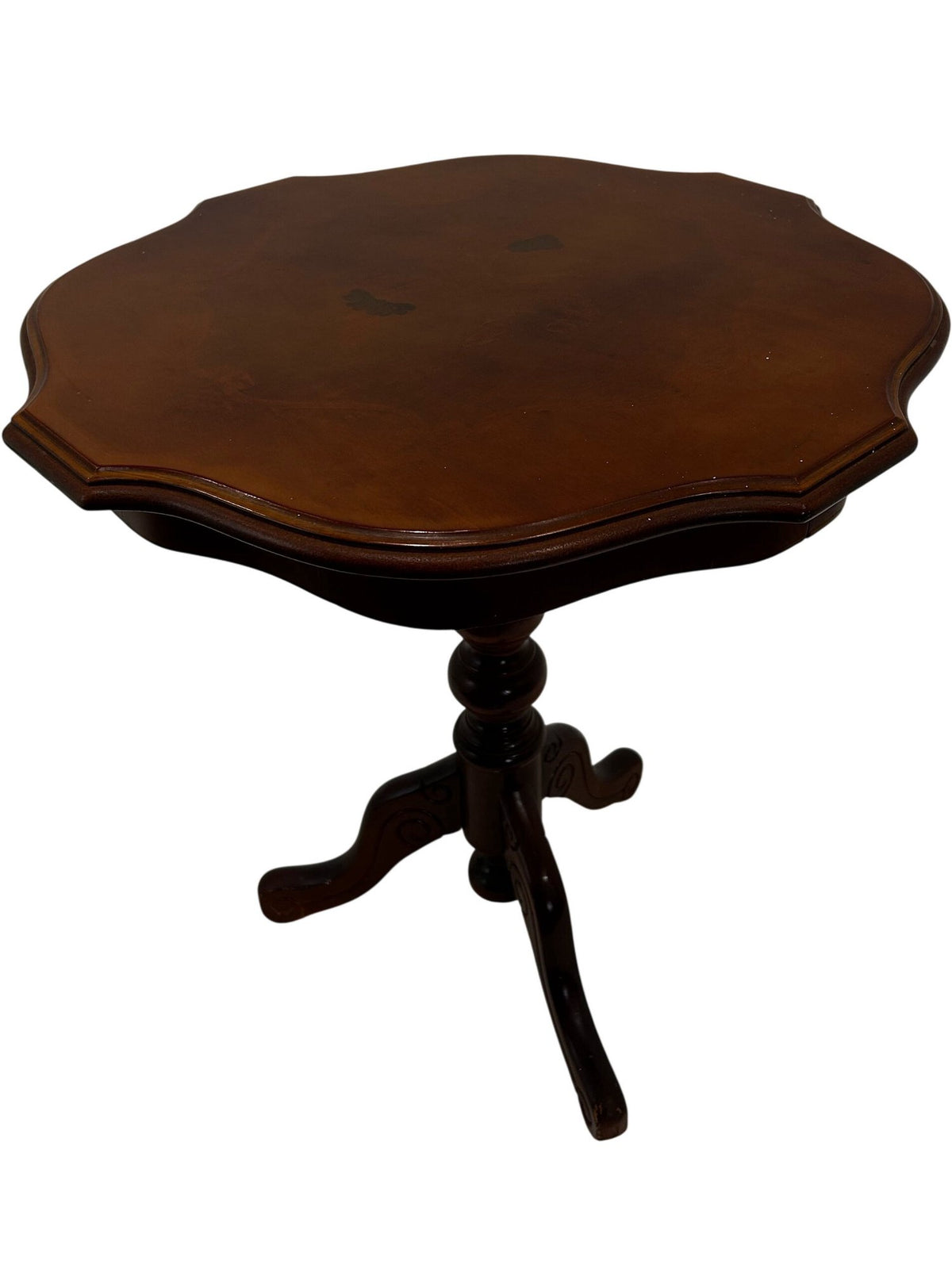 Vintage Wooden Pedestal Side Table Scalloped Top Tripod Base Brown (Pre-Loved)