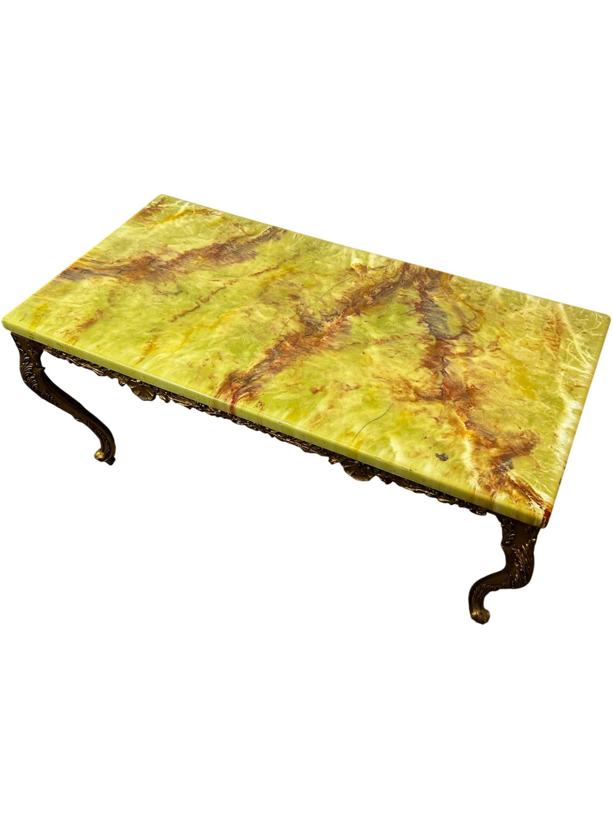 Vintage Green Onyx Marble Coffee Table with Ornate Brass-Tone Base (Pre-Loved)