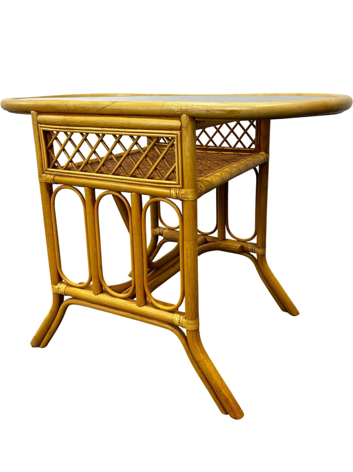 Rattan Style Console Table Oval Glass Top Woven Brown Conservatory (Pre-Loved)