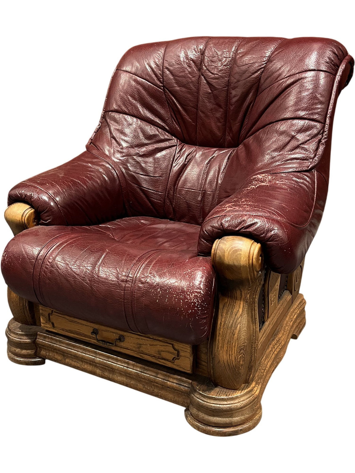 Vintage Oxblood Leather Wooden Base Armchair (Pre-Loved)