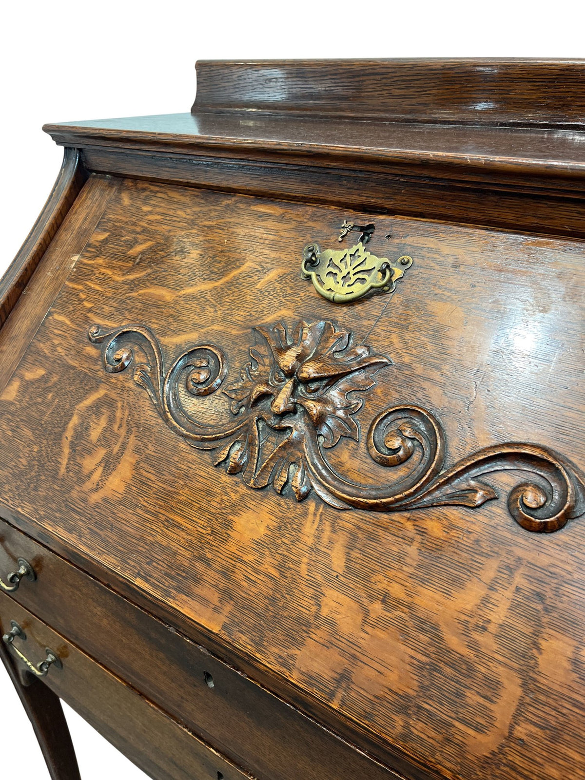 Vintage Antique Secretary Wooden Desk Carved Front Writing Bureau (Pre-Loved)