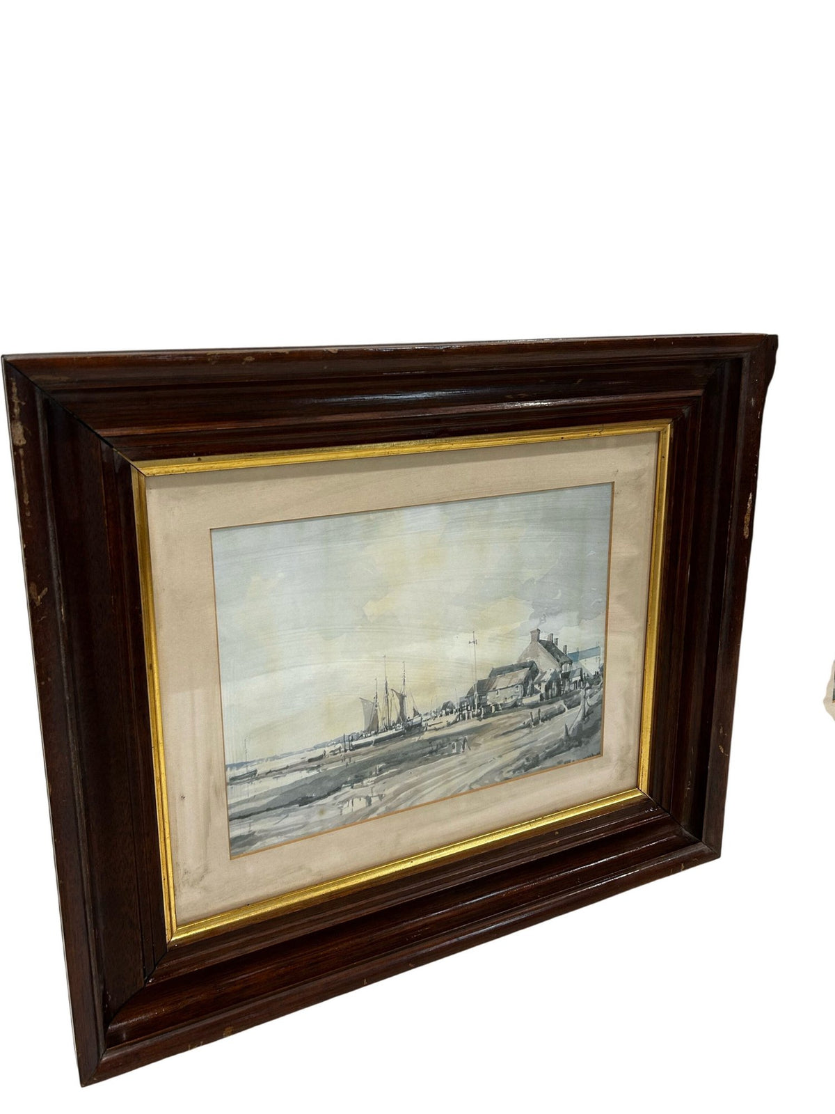 Pair Vintage Style Framed Maritime Coastal Sailing Boat Art Prints (Pre-Loved)