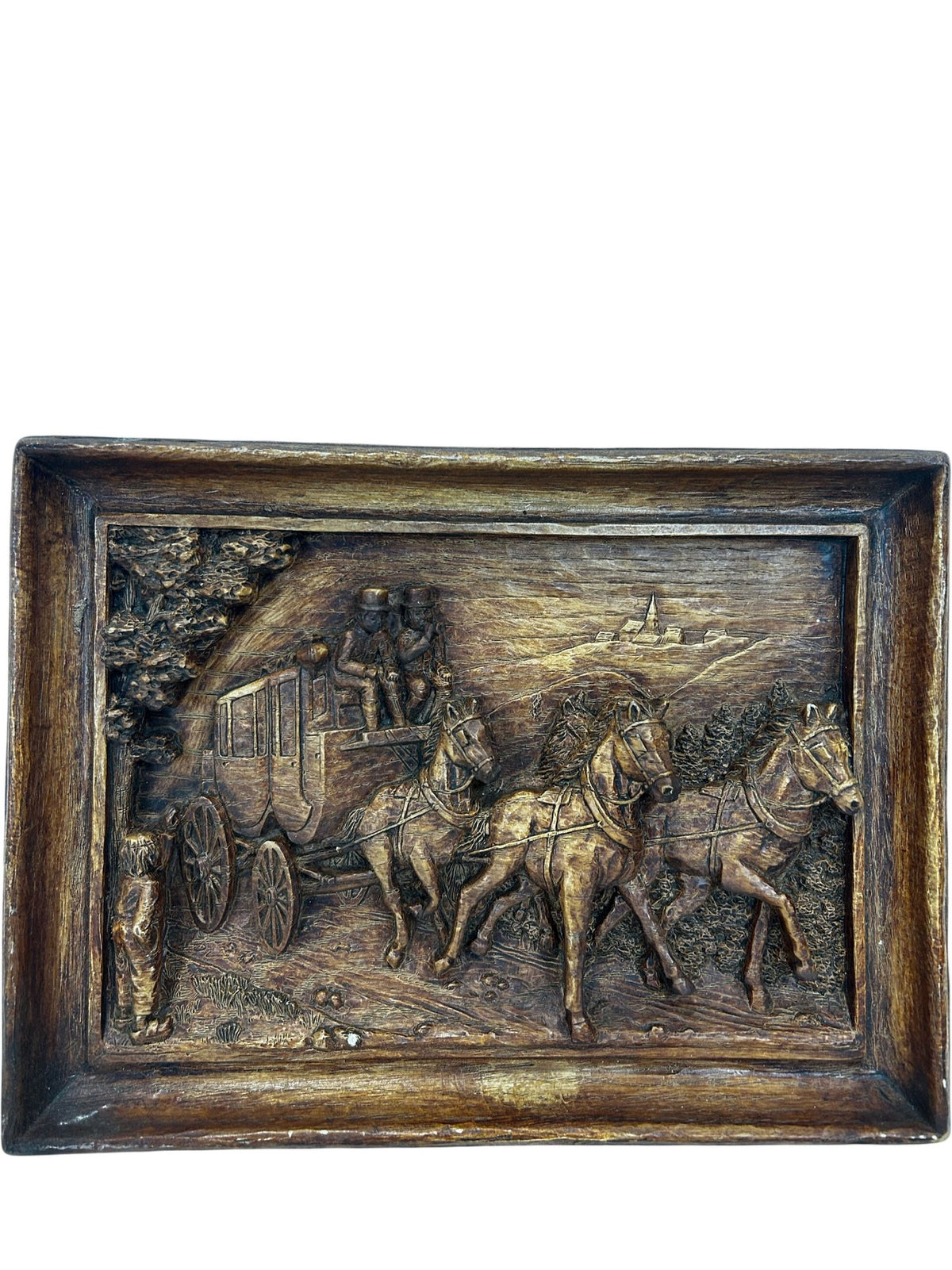 Vintage Coach & Horses Relief Wall Plaque Rustic Carved Effect 31cm (Pre-Loved)