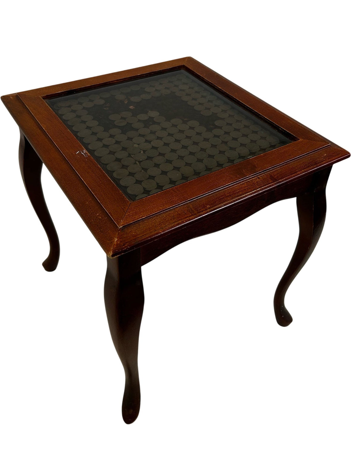 Wooden Coin Display Side Table Glass Top Brown Traditional Style (Pre-Loved)
